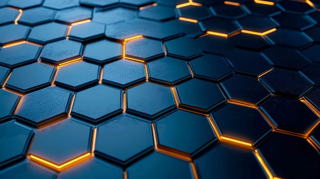 Abstract background of the hexagonal shapes pattern, carbon material with a yellow glowing light effects. AI generated