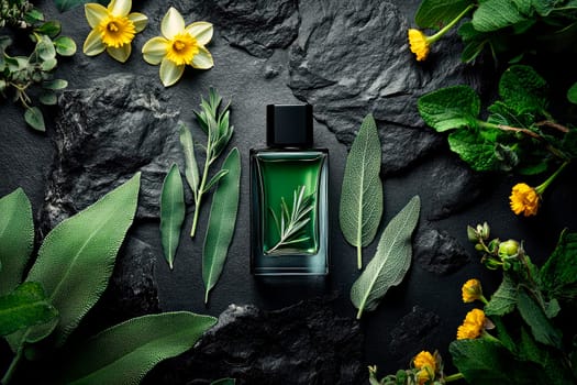 A bottle of perfume surrounded by flowers and plants on a black stone background. Top view. AI generated