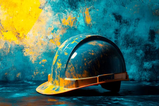 A dirty safety helmet or hard hat on a painted background. AI generated