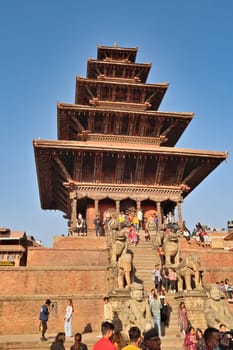 The Nyatapola Temple in the old town of Bhaktapur on a busy day, Bhaktapur, Nepal 2022