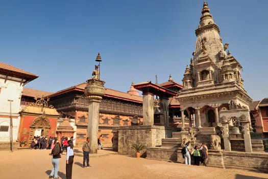 The Durbar Square with the Golden Gate, the 55 Window Palace, the Statue of King Bhupatindra Malla, the Big Bell and the Nritya, Nrtya Vatsala, Vatsala Durga, Devi Temple, Bhaktapur, Nepal 2022