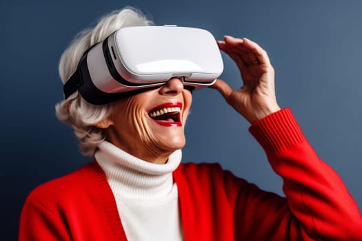 An elderly woman with white hair is laughing while wearing virtual reality goggles, showcasing her enjoyment and engagement with technology.