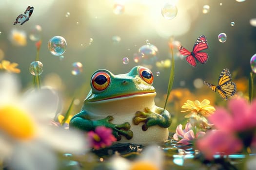 Cute fat frog is having fun in the field of flowers, bubbles and butterflies. AI generated