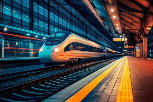 Passenger train arrive to railway station platform. AI generated
