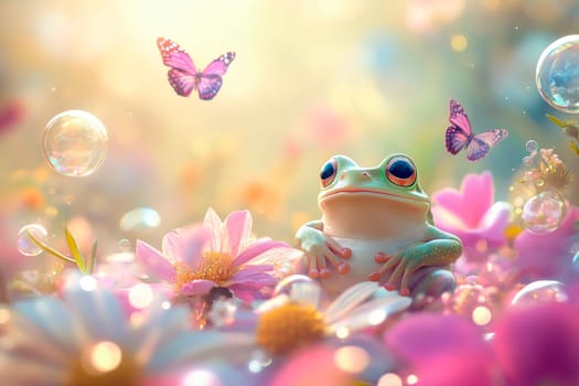 Cute fat frog is having fun in the field of flowers, bubbles and butterflies. Beautiful fauna and flora. AI generated