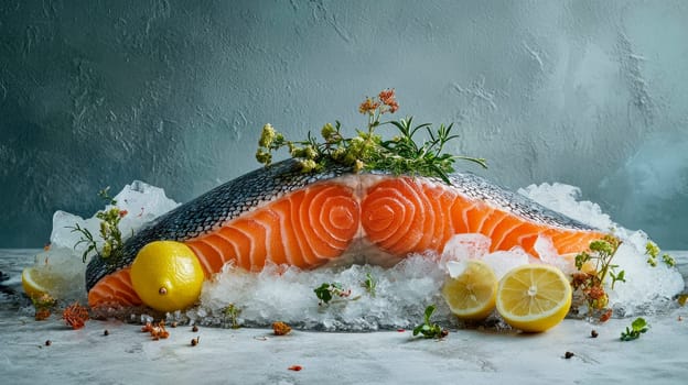 Raw salmon with herbs and spices on grey background. Fresh salmon fish on ice. AI generated
