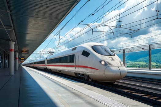Passenger train arrive to empty railway station platform. AI generated