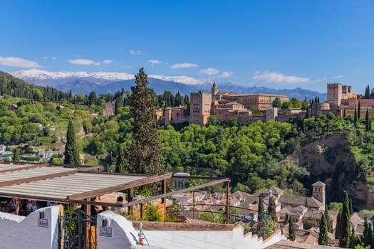 Granada, Spain: April 15, 2024: The Alhambra palace with the Sierra Nevada in the background, Granada, Andalusia, Spain