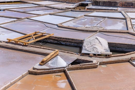 Production of salt by evaporation in Salinas of Rio Maior. Portugal