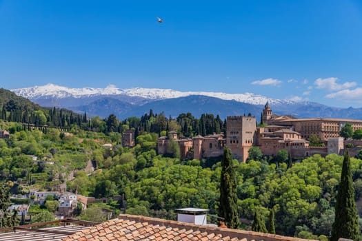 Alhambra palace with the Sierra Nevada in the background, Granada, Andalusia, Spain