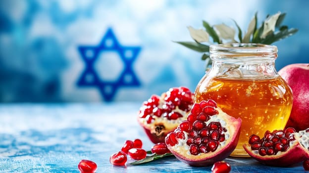 Rosh hashanah, jewish new year holiday, background with pomegranate and honey, traditional food for celebration