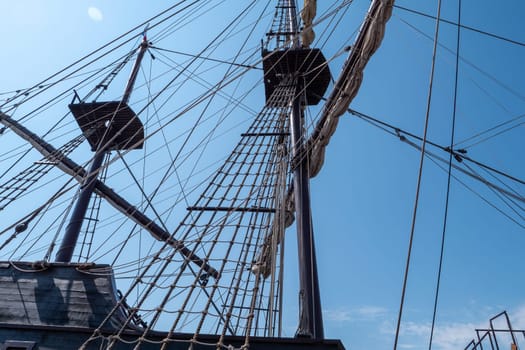 the masts of a sailboat against a blue sky