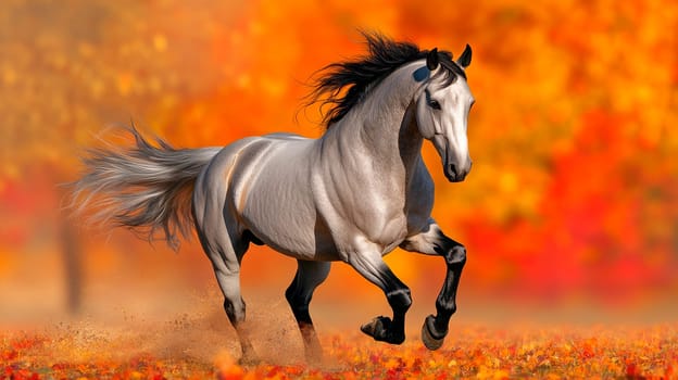 Beautiful grey horse galloping in the park in autumn. AI generated