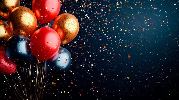 Festive balloons and confetti on a dark background. Background perfect for celebration, events or holiday with copy space area. AI generated