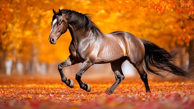Beautiful brown horse running in the park in autumn. AI generated