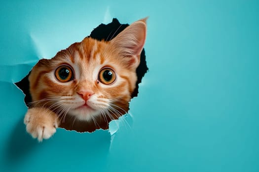 A  cute cat peering through a torn hole of blue paper. Copy space. AI generated