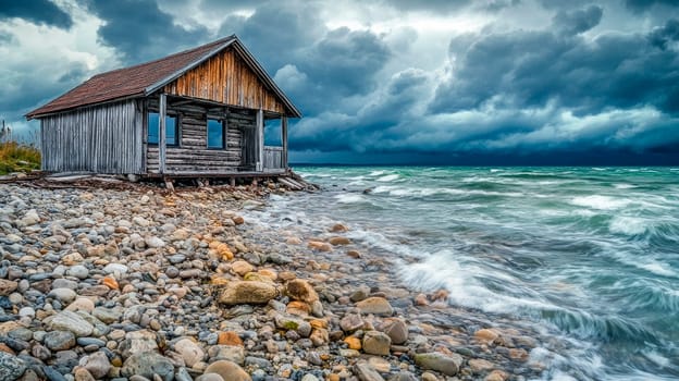 Old wooden house on a rocky beach with a stormy sea and sky. AI generated