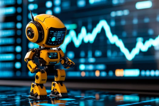 Little yellow robot analyze stock market. Using artificial intelligence to analyze business data. AI generated