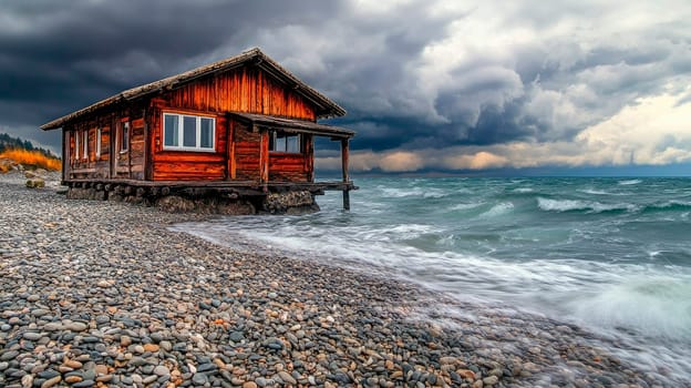 Old wooden red house on a rocky beach with a stormy sea and sky. AI generated
