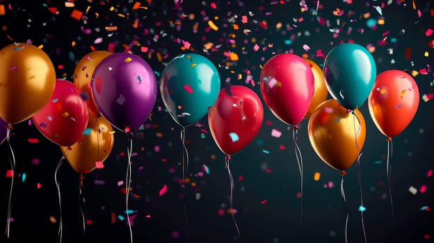 Festive balloons and confetti on a dark background. Background perfect for celebration, events or holiday. AI generated