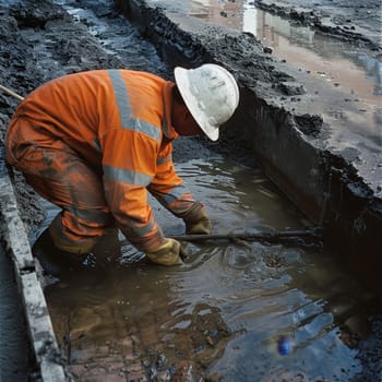 A worker in protective clothing diligently removes debris from a drainage ditch, critical for preventing urban flooding. The reflective stripes on his gear enhance visibility and safety