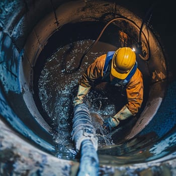 A technician in protective gear works in a deep sewer, ensuring the integrity of the city's waste management system. The image captures the essential nature of this often overlooked profession