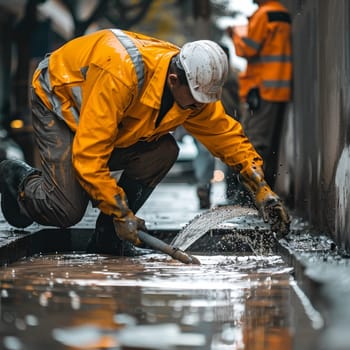 An urban maintenance worker cuts into wet pavement, sending sparks and water splashes into the air. The image captures the dynamic and strenuous nature of city infrastructure work