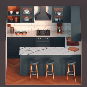 Modern kitchen with dark cabinets, marble countertops, and bar stools