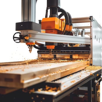 A CNC machine at high speed cuts through a wooden plank, creating an array of wood shavings and a dynamic scene of industrial woodwork