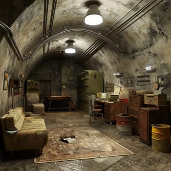 A vintage bunker lounge is set with cozy armchairs and warm lighting, offering a glimpse into life during times of unrest. It's a space where readiness and comfort coexist amid historical artifacts