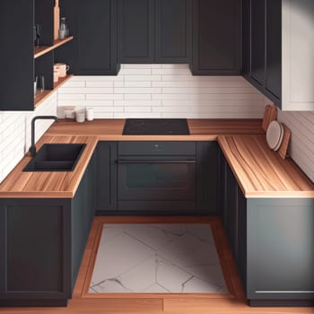 A modern kitchen with black cabinets, wooden countertops, and stainless steel appliances. A sink, stove, and refrigerator are visible