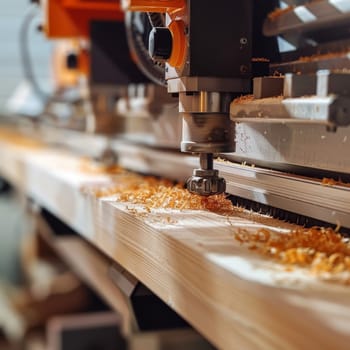 An automated wood planer machine meticulously shaves a wooden board, with a blurred background emphasizing the speed of the process. The wood shavings illustrate the activity
