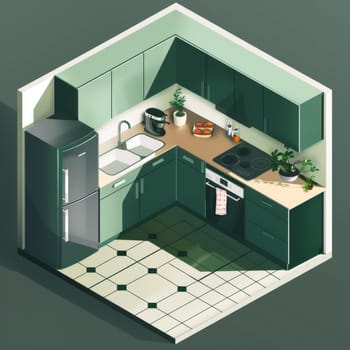Isometric view of a modern kitchen with green cabinets, equipped with appliances and utensils
