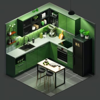 An isometric illustration of a green kitchen with a wooden table, chairs, sink, stove, refrigerator, and mixer