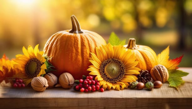 Pumpkins, nuts, berries and sunflower crop on a wood table. Autumnal season background, halloween and thanksgiving holiday conceptual