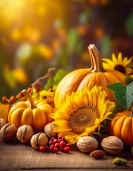 Pumpkins, nuts, berries and sunflower crop on a wood table. Autumn season background, halloween and thanksgiving holiday concept