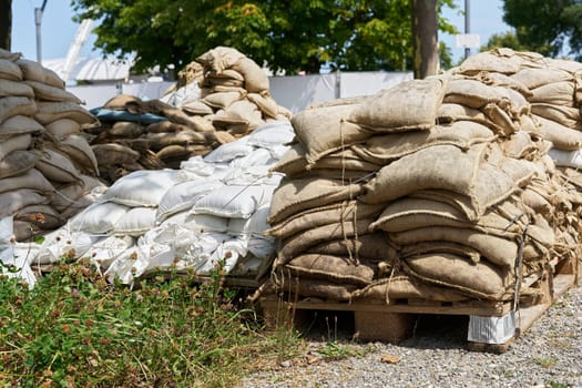 Sandbags as flood protection from the last flood on the shores of Lake Constance, Bodensee, in Constance, Konstanz Germany
