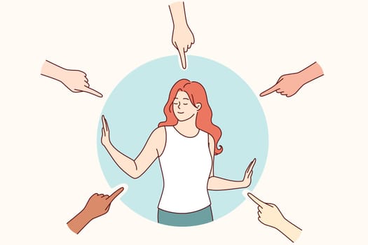 Woman protects personal boundaries and prevents people around from invading hoover space. Personal boundaries save young girl from tactful interlocutors who want to ruin mood and offend girl