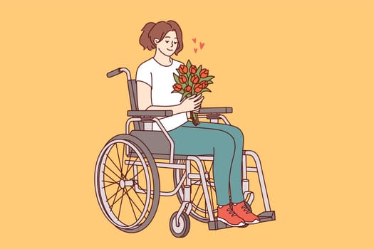 Woman sits in wheelchair with bouquet of flowers in hands, feeling positive and energized thanks to gift from secret admirer. Girl in wheelchair does not lose heart and strives to live life to fullest
