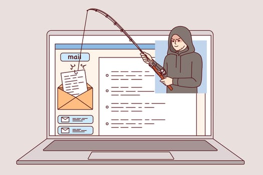 Hacker uses phishing to hack email via internet on laptop and steal confidential emails. Hacker breaks law by stealing correspondence for blackmail or obtaining insider information.