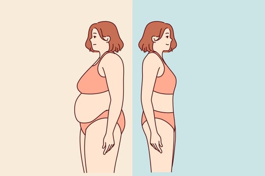 Transformation of fat woman, lost weight thanks to diet and standing in swimsuit, comparing results before and after. Girl lost weight by listening to advice of nutritionist and fitness trainer