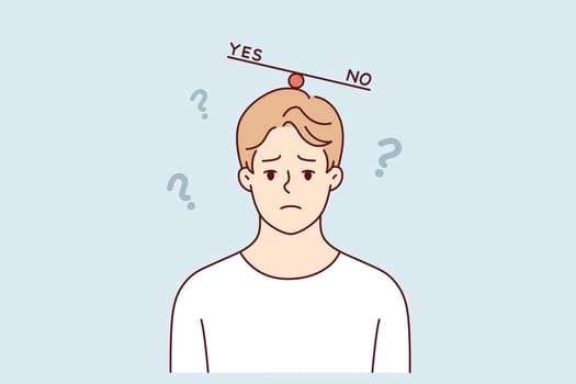 Mental swings for psychologically unstable man who is thinking about difficult question and is unable to make choice. Guy suffers from mental swings and need to decide or take responsibility.