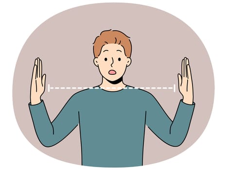 Surprised man spreads arms wide and is shocked by size of object or problem that has arisen. Surprised guy opens mouth and looks at screen, embarrassedly learning about big trouble.