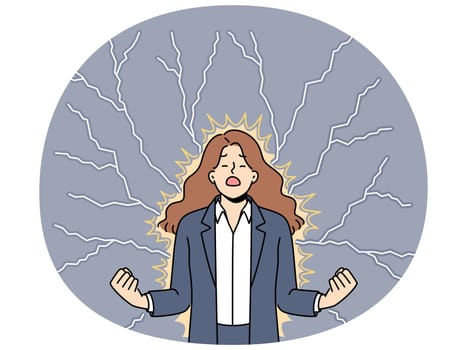 Young angry woman stands among lightning bolts and is nervous about problems affecting profit of company. Angry businesswoman closes eyes and clenches fists feeling hatred and annoyance