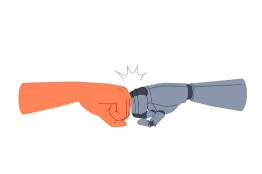 Synergy of robot and human joining fists as sign of solidarity and willingness to cooperate to achieve goal. Cooperation of people and robot with artificial intelligence to assist in new projects