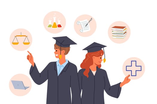 Two graduating students choose future profession or field to build successful career. Man and woman in graduate robes are studying proposals from universities offering new profession.