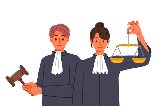 Judge and lawyer call for compliance with law and threaten fair punishment for violators of criminal code. Judge gavel and scales in hands of jury determining degree of guilt of defendant