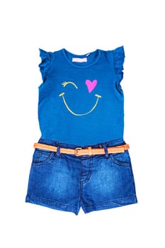 Trendy short jeans pants with orange leather belt and a sleeveless blue shirt for the little girl isolated on white. Clipping path. Denim short pants. Kids summer fashion.