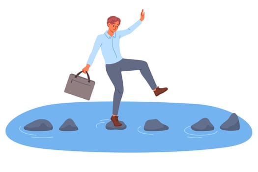 Business man takes risks by crossing river on slippery stones to achieve goals. Entrepreneur moves forward and risks drowning on path to success due to desire for rapid career growth.