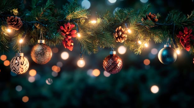 Christmas decorations with garland lights on bokeh background. AI generated